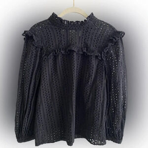 MADEWELL Black Cotton Feminine Boho Eyelet  Tie Back Blouse Size XXS/XS